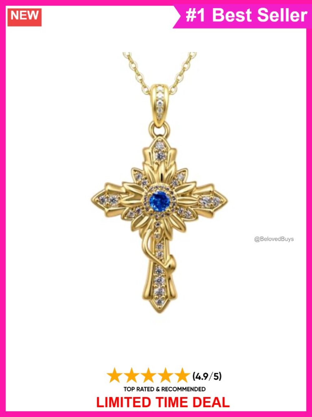 14K Gold-Plated Sunflower Cross Pendant Necklace Cubic Zirconia